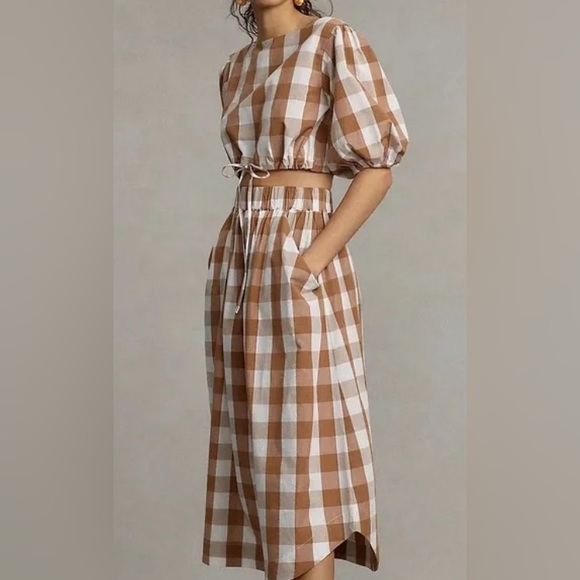 ISO NWT/NWOT Anthropologie Whit Two Tan Gingham 2 Piece Set Crop Top Skirt 2X - Picture 1 of 1